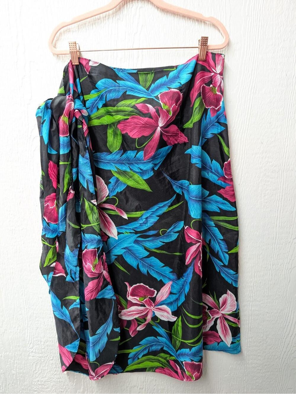 Hilo Hattie Black Swim Sarong with Blue, Pink & Green Tropical Print